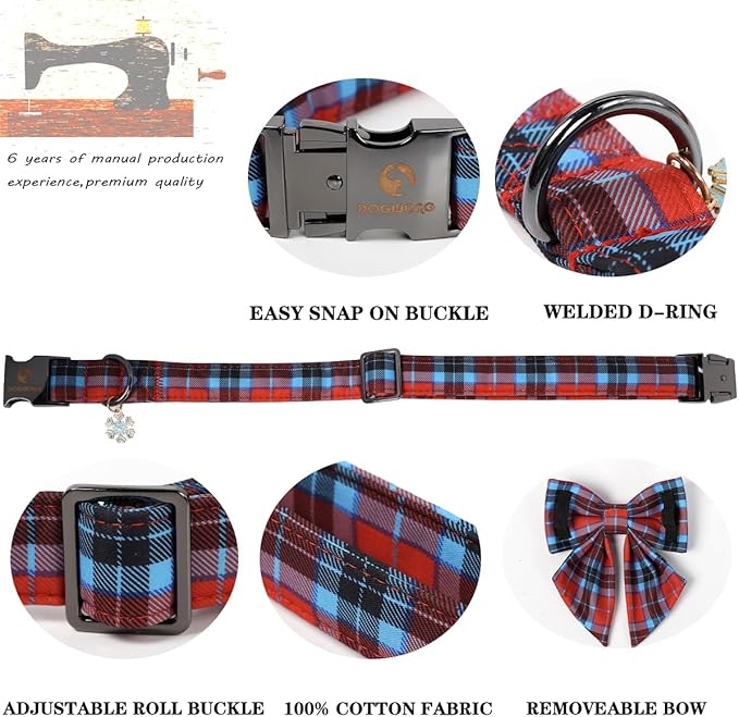 DOGWONG Christmas Dog Collar with Bow Tie, Red Green Plaid Dog Collar Durable Metal Buckle Adjustable Soft & Cute Red Grid Dogs Collars for Small Medium Large Dogs, XS