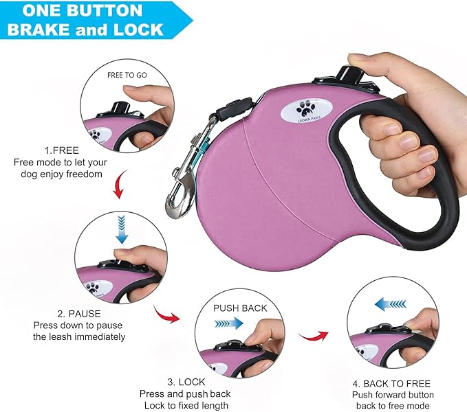 16 ft Retractable Dog Leash for Large Dogs up to 44 lbs,Tangle-Free Nylon Tape,Pink M