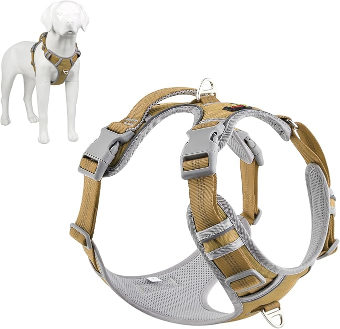 Plutus Pet No Pull Dog Harness, Release at Neck, Reflective Adjustable Dog Vest Harness, Easy Control Handle for Walking, for Small Medium Large Dogs, Khaki, S