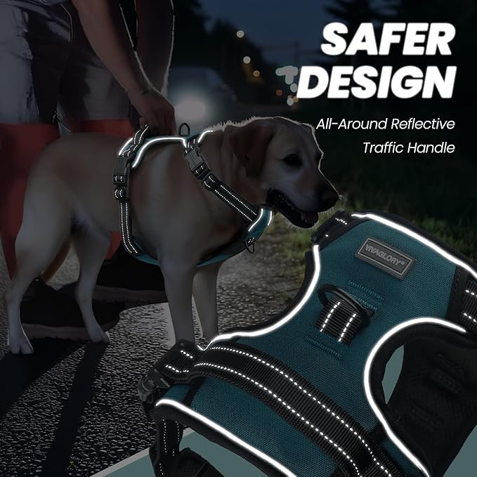 VIVAGLORY Dog Harness Easewalk No Pull Dog Harness with Handle Front Clip & Back Clip for Training Walking Lifting, No Pull Adjustable Easy On Padded Comfortable for Pet, XL, Hunter Teal - Plain
