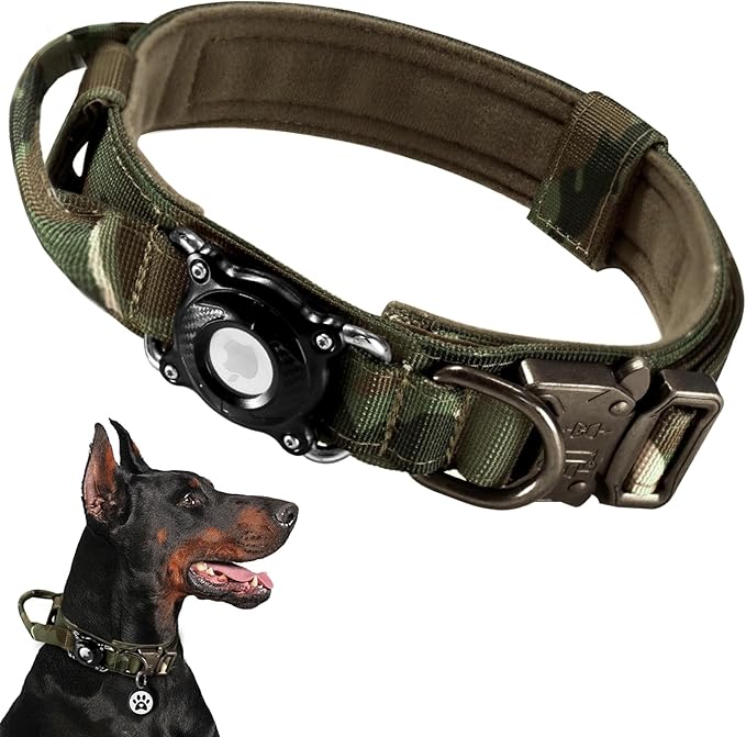 2026 New and Improved AirTag Dog Collar, Military Tactical Dog Collar with Integrated AirTag Holder - Adjustable Control Handle, Durable Metal Buckle, Comfortable GPS Dog Collars (Camo,L)