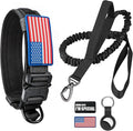 Tactical Dog Collar and Bungee Leash,Military Dog Collar & Leash Set with USA American Flag Adjustable K9 Collar with Heavy Duty Metal Buckle & Handle,with Patches and Airtags Case (M, Black)