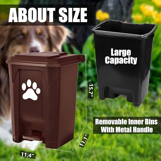 tebiete Dog Poop Trash Can Outdoors Pet Waste Station with Lid Dog Waste Disposal Container with Removable Inner Bin Bucket Hands-Free Pedal Garden Yard Home with Waste Bags, Brown