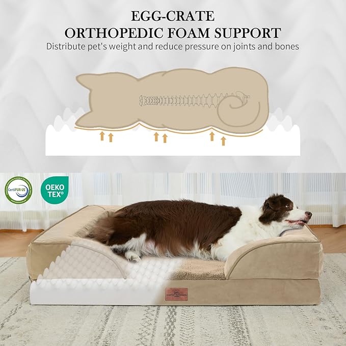 Comfort Expression Orthopedic Dog Bed for Extra Large Dogs 45x35 Inch, Waterproof Egg Crate Foam XL Pet Bed with Removable Bolsters, Dog Couch with Washable Cover & Non-Slip Bottom, Light Brown