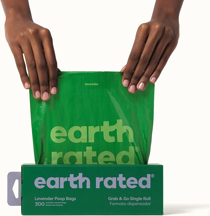 Earth Rated Dog Poop Bags, Thick Grab and Go Single Roll, Ideal for Backyard Pickups, Lavender Scented, 300 Count