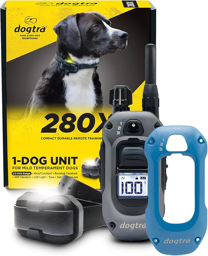 Dogtra 280X E-Collar with Remote - [X-Shield Front Plate - Blue] 10 lbs+, 1/2 Mile Range, LED Light, 100 Levels for Stubborn Dogs