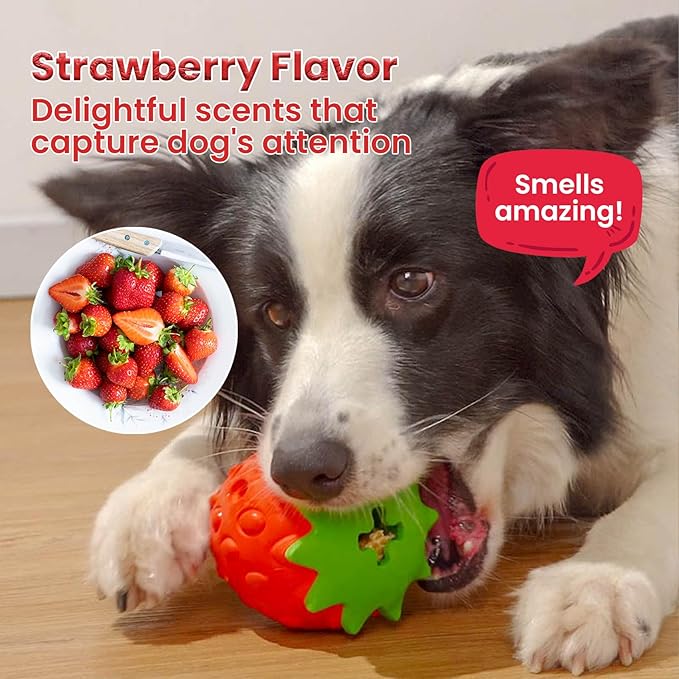Dog Puzzle Toy, Interactive Dog Treat Dispenser, Soft Rubber Toys for Aggressive Chewers, Enrichment Toys for Teething, Strawberry