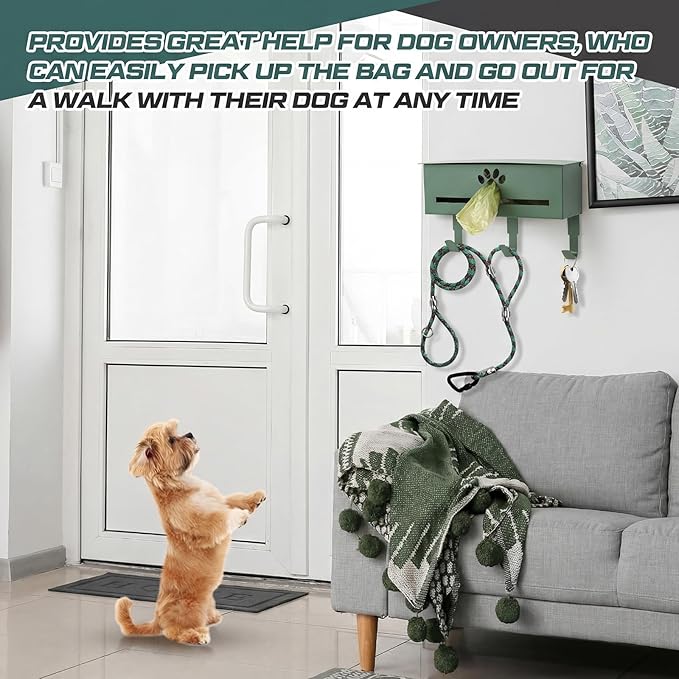 Blulu Wall Mount Dog Poop Bags Dispenser Holder with Hooks Metal 200/300 Single Large Roll Pet Waste Station Bags Dispenser for Outdoor Indoor Home Yard Doggy (Green)