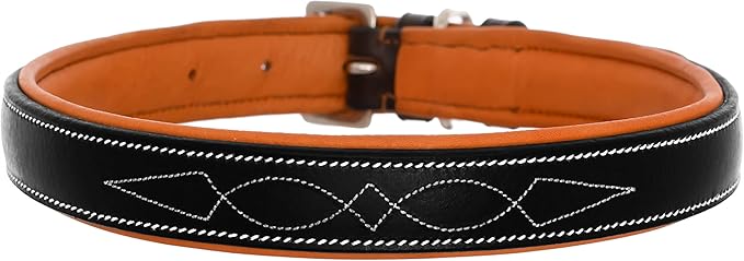 Exion Geniun Leather Dog Collar Designer Stitched Soft Leather Padded- Suitable for Small Medium Large X-Large Dogs for Walking Running Training- Black with Conker Padding