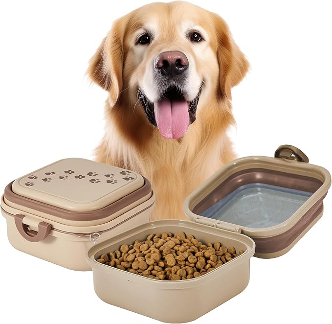 Collapsible Dog Water Bowl 30oz, 2 in 1 Portable Travel Dog Food Bowl with Lid, Easy Carry Loop Handle, Foldable Dog and Cat Food Bowl, Perfect for Traveling, Walking, Hiking (Khaki)