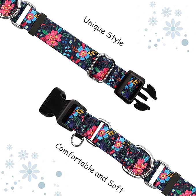 Martingale Collar for Dogs Floral Dog Collars for Small Medium Large Dogs with Buckle Adjustable Soft Nylon Dog Collar (Blue Pink Flower, Small)