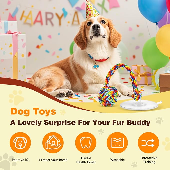 Interactive Tug Toy with Sticky Suction Cups, Durable Rope & Rainbow Chew Ball, Indestructible Enrichment Puzzle, Built for Aggressive and Busy Chewers，Toy for Small to Medium Dogs