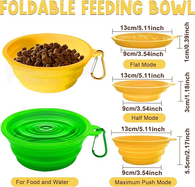 Small Collapsible Dog Bowls (12oz), 2 Pack 2 Colors Pet Travel Foldable Bowl and Slow Feeding Frisbee with Carabiners, Healthy, Soft Silicone, Portable Essential Set for Walking, Travel, and Hiking