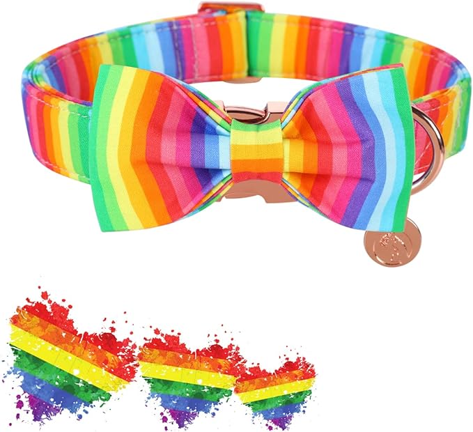 DOGWONG Rainbow Dog Collar with Pretty Bow Tie for LGBT Pride Month - Adjustable and Comfortable Collar for Large Medium Small Dog,L