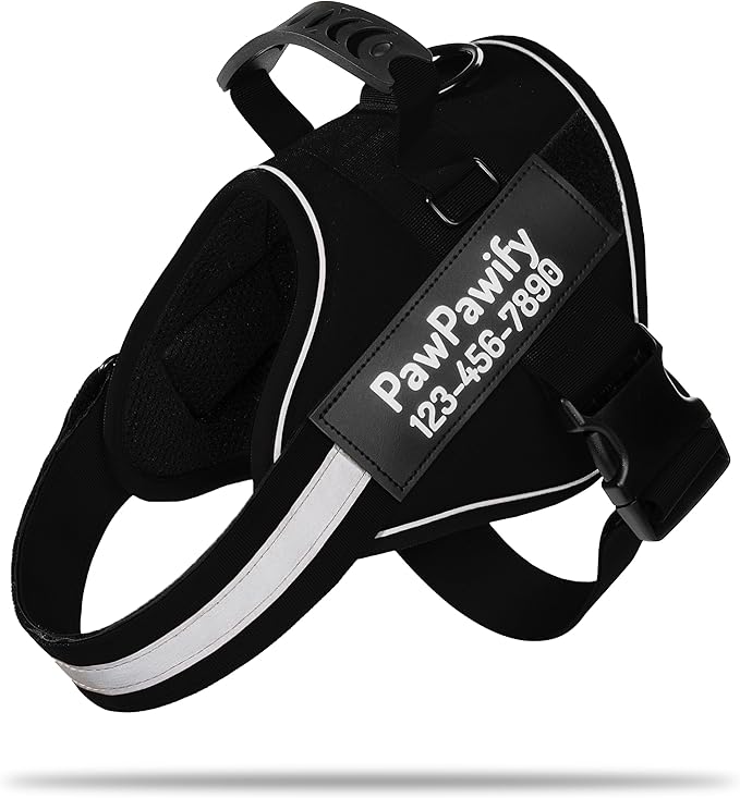 PawPawify Custom No Pull Dog Harness with Name and Phone Number, Heavy Duty Personalized Pet Vest to Prevent Tugging, Pulling, or Choking, Training and Walking (New Black, XXL (85-140 LBS))
