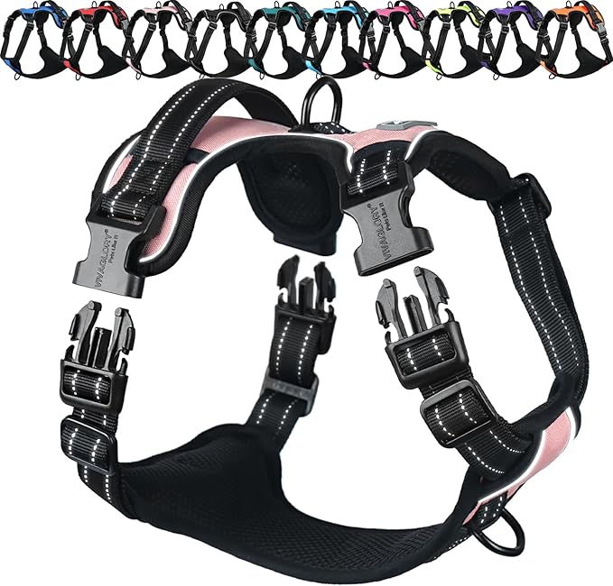 VIVAGLORY Dog Harness Easewalk No Pull Dog Harness with Handle Front Clip & Back Clip for Training Walking Lifting, No Pull Adjustable Easy On Padded Comfortable for Pet, M, Sakura Pink - Plain