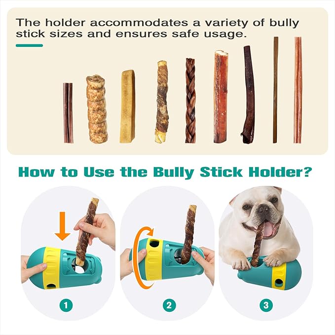 Dog Bully Stick Holder Safety Device Adjustable Treat Dispensing Puzzle Toy Ball Food Dispenser Slow Feeder Bowls Puppy Enrichment Interactive Chase Training Toys for Small Medium Large Dogs