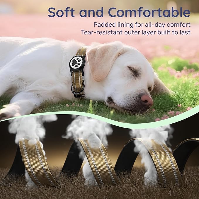 Airtag Dog Collar, Reflective Ultra-Durable Nylon Padded with QR Code Buckle & IP68 Waterproof Air Tag Holder Compatible for Apple AirTag, Comfortable for Small Medium Large Dogs(Brown,M)