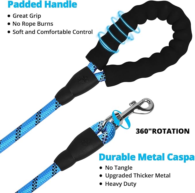 Rope Dog Leash 5 FT: Heavy Duty Leashes with Swivel Lockable Hook Reflective Threads Bungee and Padded Handle - Dog Lead for Large Small Medium Dogs Outside Walking Hiking Blue