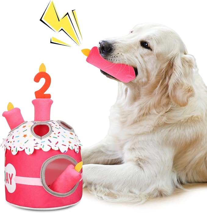 Dog 2nd Birthday Cake Toy Squeaky Interactive Dog Toy Hide and Seek Plush Dogs Puzzle Puppy Toys for Boredom Keep Them Busy for Small Medium Dogs(Pink)