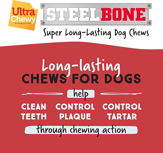Ultra Chewy Steel Bones Regular Size Beef Flavor - Super Long Lasting Dog Chews - Rawhide Free & Highly Digestible - Unique Shape Helps Clean Teeth - Ideal Dog Bones for Aggressive Chewers