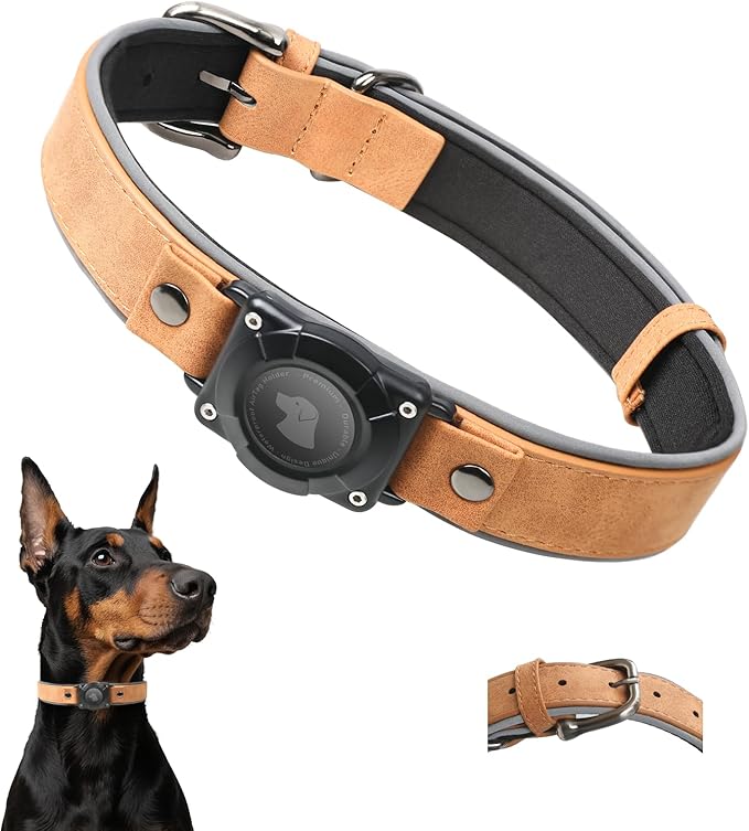 Leather AirTag Dog Collar - IPX8 Waterproof Dog Collar with AirTag Holder|Reflective, High - End, Adjustable Soft Padded |Dog GPS Collar Tracker Fit for Medium Large Dogs (Light Brown, XL)