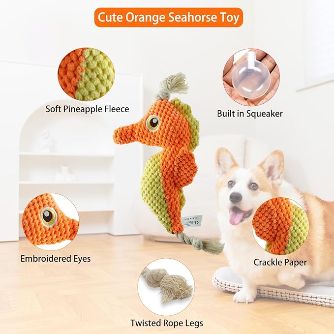 Cute Marine Animal Dog Squeaker Chew Toys, Interactive Stuffed Cotton Plush Rope Knot Toys with Crinkle Paper- for Puppy, Small, Middle Dogs (Orange Seahorse)
