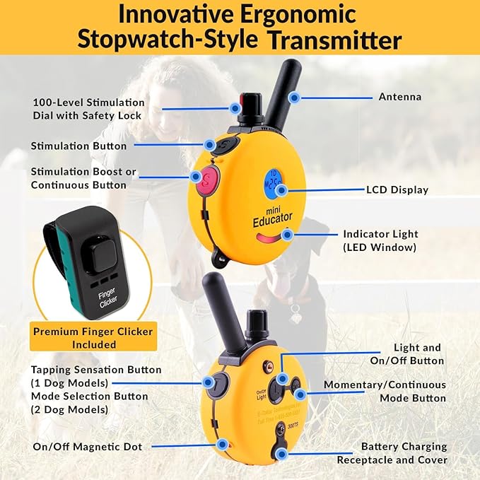 E-Collar – Educator ET-300-1/2 Mile Waterproof Remote Dog Training Collar Includes Premium Finger Clicker Trainer, 100 Programmable Levels + Vibration + Light + Sound, Black
