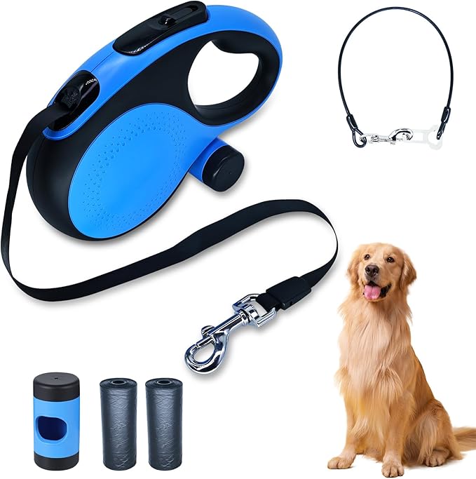 Retractable Dog Leash with Chew Proof Cable,26Ft Heavy Duty Dog Leash for Medium Large Dogs up to 110lbs,360°No Tangle,One-Handed Brake,Pause,Lock(Blue)