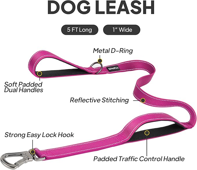 PetiFine 5FT Heavy Duty Dog Leash with Soft Padded Double Handle, Durable Strong Clasp Dog Leashes, Reflective Nylon Walking Lead for Large,Medium,Small Breed Dogs, Rose