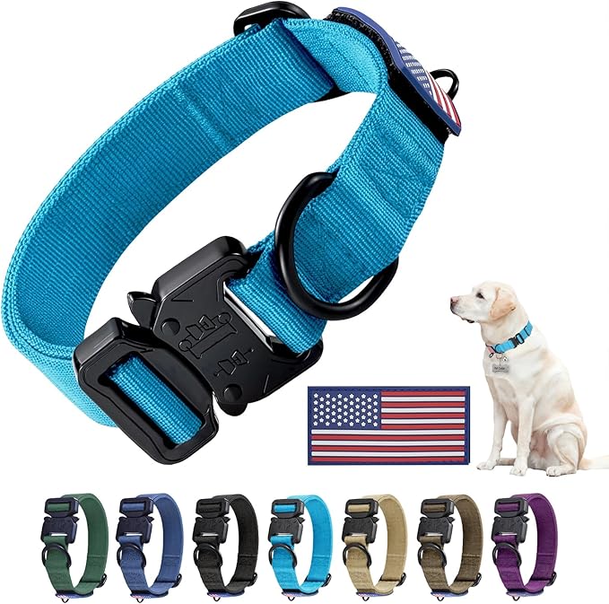 Heavy Duty Tactical Dog Collar Adjustable Nylon Pet Collars Quick Release Buckle with 2 D-Rings Patch for Medium, Large Dogs (Sky Blue, Size M)