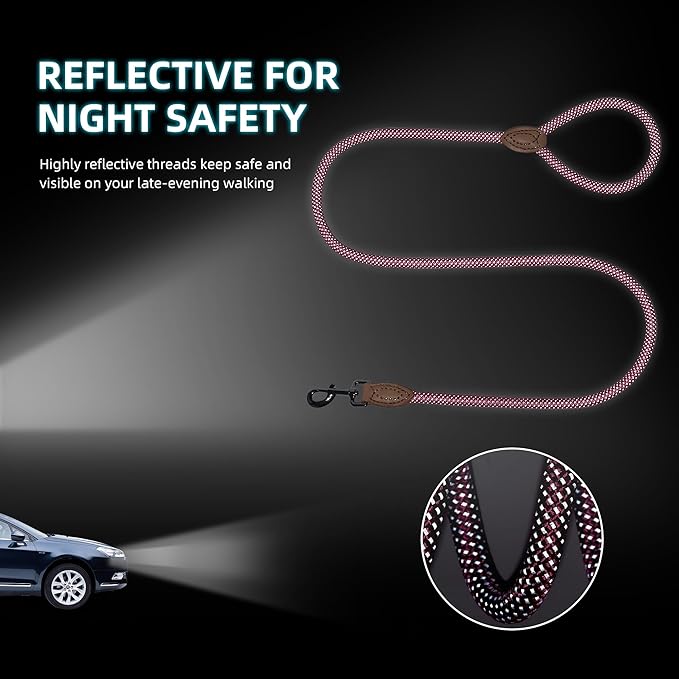 Mile High Life Rope Leash with Genuine Leather Connection, 6 FT/5 FT/4 FT, Heavy Duty Leash for Small Medium & Large Dogs (Hot Pink,60 Inch)