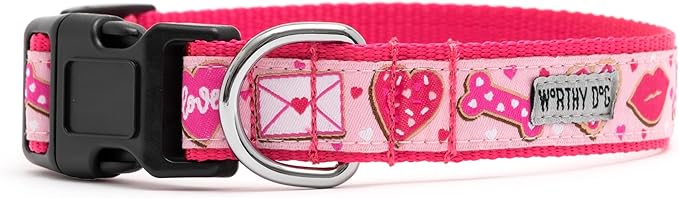 THE WORTHY DOG Collar for Small Dogs, Adjusts 6-12 inches, Durable Nylon Webbing, Quick Release Buckle, Love & Kisses Pattern, Pink, X-Small