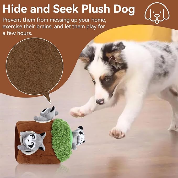Cyrank Hide and Seek Dog Toy, Raccoon Tree House Dog Puzzle Toys Squeaky Plush Dog Game Toys Funny Dog Toy for Puppy and Small Dog