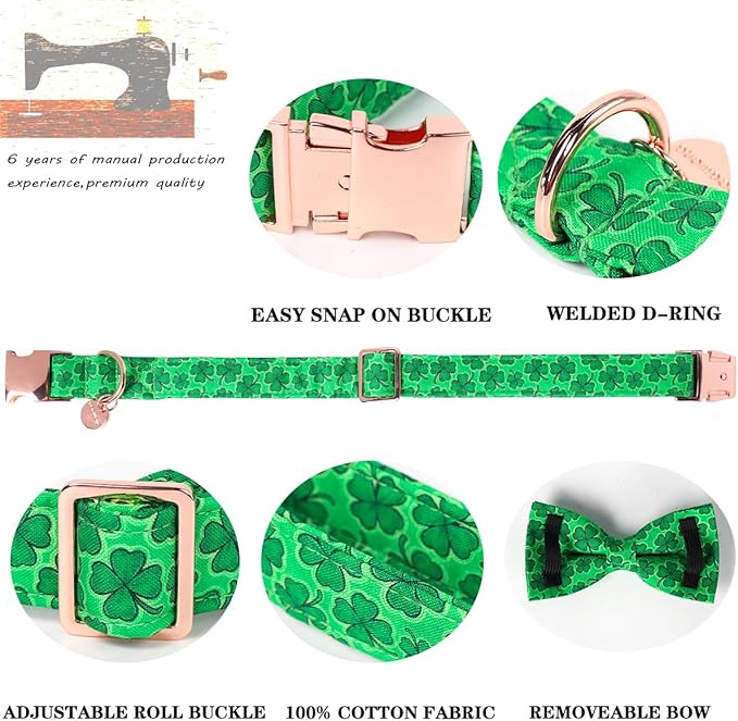 DOGWONG St. Patrick's Day Dog Collar-Cute Clovers Dog Collar with Bow, Cotton Trefoil Bowtie Dog Collars with Metal Buckle for Small Medium Large Dogs