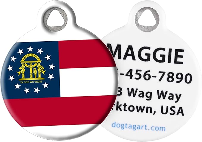 Dog Tag Art Georgian State Flag Personalized Pet ID Tag for Dogs and Cats, Silent Polymer Coated Stainless Steel Georgia Flag Nametag with Customized Identification Information - Small .875" Diameter