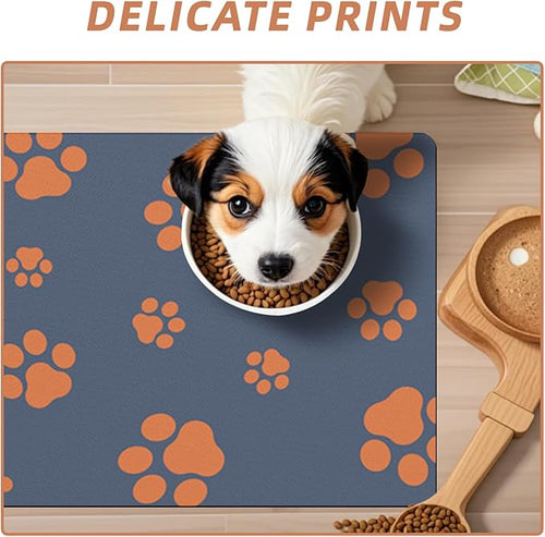 18"×30" Dog Food Mat-Absorbent Dog Mat for Food and Water, No Stains Quick Dry Cat Food Bowl Mat with Footprints for Messy Drinkers,Blue
