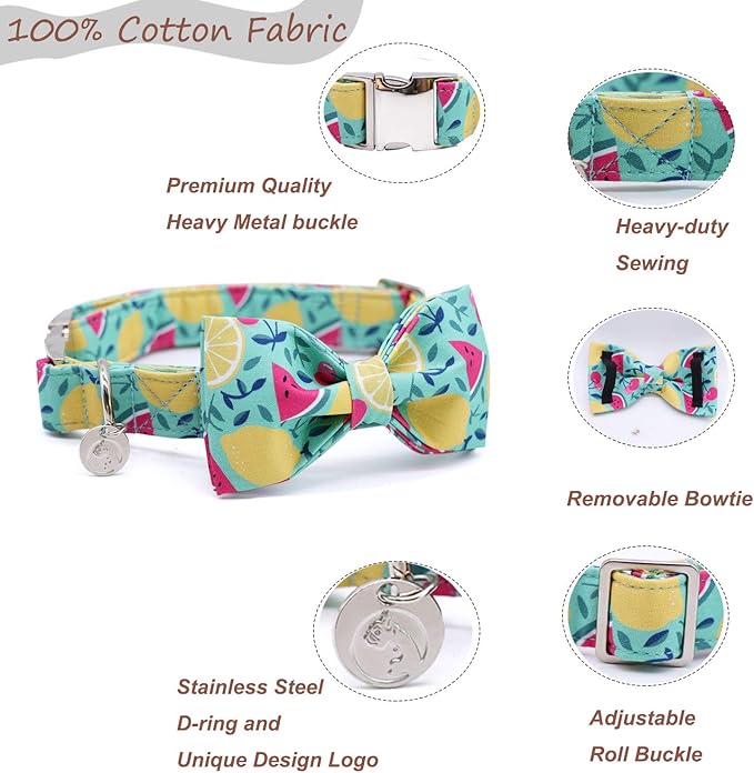DOGWONG Cotton Summer Dog Collars, Lemon Bowtie Dog Collar, Adjustable Heavy Duty Girl Dog Collar with Bow for Small Medium Large Dogs,L