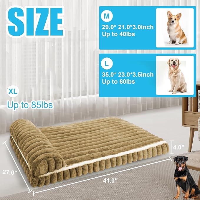 Comfort Dog Beds for Extra Large Dogs,Dog Bed with Removable Washable Cover, Deluxe Plush Dogs Bed for Crate with Pillow, Anti-Slip Pet Mat Mattress for Kennel with Durable Zipper(Brown,XL)
