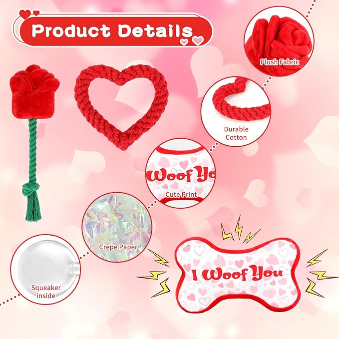 YUEPET Squeaky Valentine's Day Pet Toys 3 Piece Set,Interactive Rose Puzzle Toys, Soft Plush Heart-Shaped Rope Bone Dog Toy with Squeaker Crinkle Paper Puppy Chew Toys for Small Medium Dogs Teething