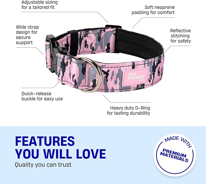 DF Co. Tactical Dog Collar | Comfortable & Secure with Quick Release Clip Buckle and Heavy Duty D-Ring | Soft Padded Neoprene, Chafe Resistant, Night-Time Visibility | Pink Camo, Size M