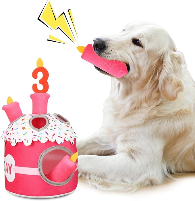 Dog 3rd Birthday Cake Toy Squeaky Interactive Dog Toy Hide and Seek Plush Dogs Puzzle Puppy Toys for Boredom Keep Them Busy for Small Medium Dogs(Pink)
