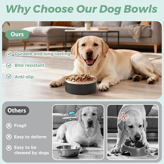 LIHONG Stainless Steel Dog Bowls for Large Dogs,Dog Food Water Bowls with Non Slip Rubber Bottom,Pet Feeding Bowl,Double Wall Insulated,Rustproof(64oz,Black)