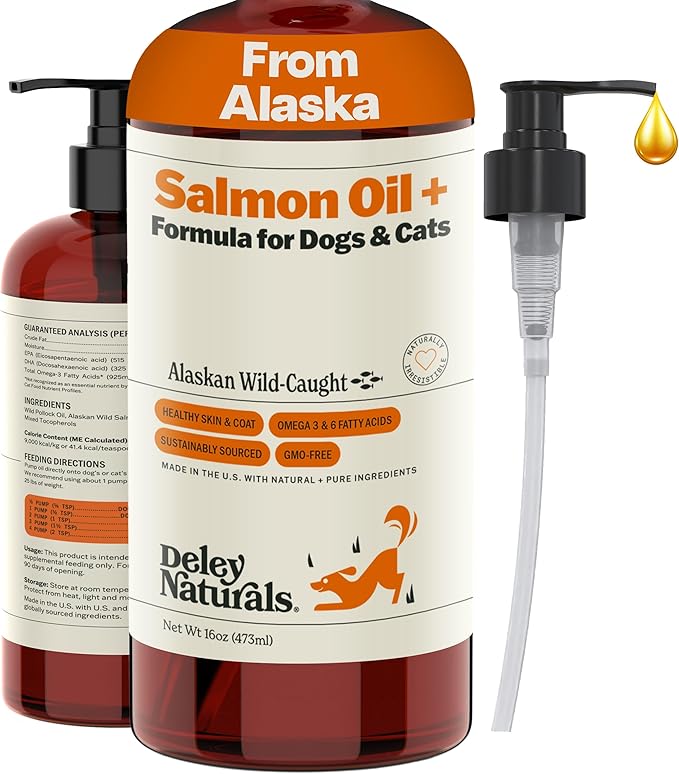 Deley Naturals Wild Alaskan Salmon Oil for Dogs & Cats - New and Improved Salmon Oil Plus Formula - Fish Oil for Dogs with Omega 3, DHA and EPA - Omega 3 for Healthy Skin and Coat - 16oz Made in USA