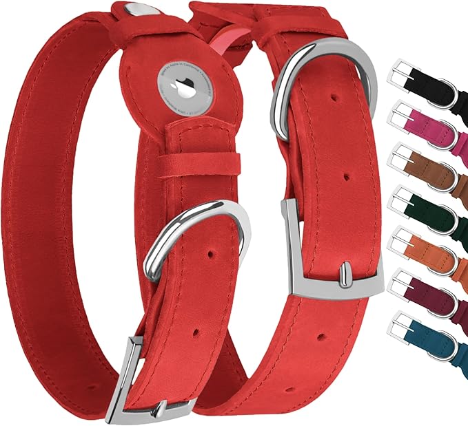 Leather Dog Collar with Airtag Holder - Apple Air Tag Dog Collars - Soft Tracking GPS Pet Collar for Small Medium Large Dogs Breed Puppy (Red, XL, 19"-24" Neck Fit)