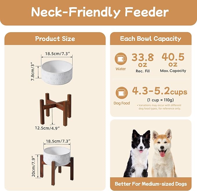 7.3inch Ceramic Raised Dog Bowl Set, Elevated with Acacia Wood Stand, Food and Water Bowl for Medium Breed Dogs, Weighted Dog Dishes, Pet Bowl(41OZ, Arctic White)