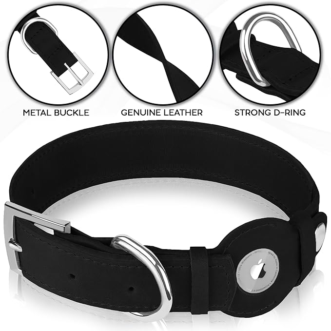 Leather Dog Collar with Airtag Holder - Apple Air Tag Dog Collars - Soft Tracking GPS Pet Collar for Small Medium Large Dogs Breed Puppy (Black, XL, 19"-24" Neck Fit)