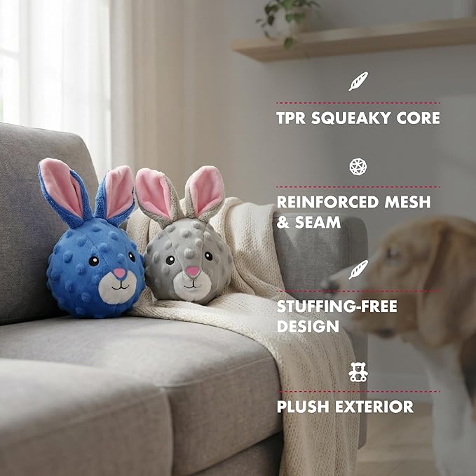 Pet Lou 4-Inch Rabbit Plush EZ Squeaky Ball Dog Toy, Set of 2, Lightweight Portable Plush Squeaky Dog Toys with TPR Core, Stuffing-Free, for All Breed Sizes