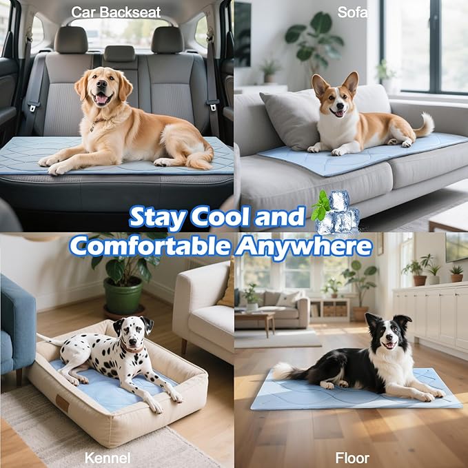 Dog Cooling Mat, 48'' × 28'' Large, Self-Cooling Mat for Dog Reversible (Cool & Warm), Double-Sided Pet Cool Pads for Crate, Kennel, Machine Washable Summer Blanket, Non-Gel, Blue + Grey