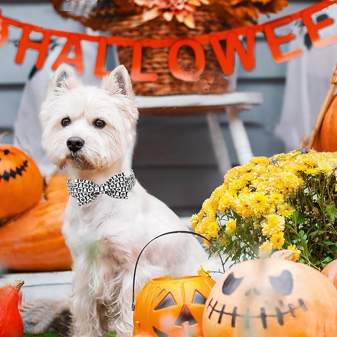 ARING PET Halloween Dog Collar with Bow, Black White Plaid Ghost Floral Cute Pet Collars with Quick Release Buckle for Puppy Small Medium Large Girl Boy Dogs-S